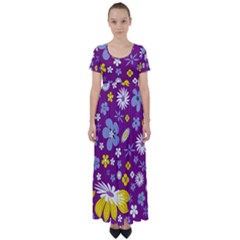 Floral Flowers Wallpaper Paper High Waist Short Sleeve Maxi Dress