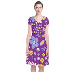 Floral Flowers Wallpaper Paper Short Sleeve Front Wrap Dress