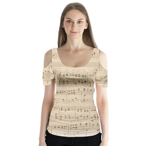 Vintage Beige Music Notes Butterfly Sleeve Cutout Tee  by Celenk