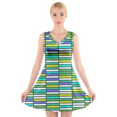 Color Grid 03 V-neck Sleeveless Skater Dress
