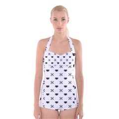 Black Pixel Skull Pirate Boyleg Halter Swimsuit 