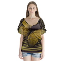 Butterfly Insect Wave Concentric V-neck Flutter Sleeve Top