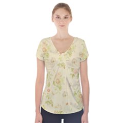 Floral Wallpaper Flowers Vintage Short Sleeve Front Detail Top by Celenk