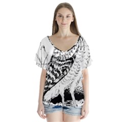 Animal Bird Forest Nature Owl V-Neck Flutter Sleeve Top