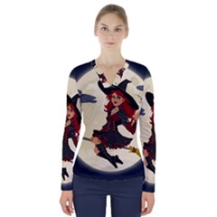 Witch Witchcraft Broomstick Broom V-neck Long Sleeve Top by Celenk