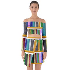 Shelf Books Library Reading Off Shoulder Top With Skirt Set by Celenk