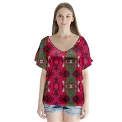 Christmas Colors Wrapping Paper Design V-neck Flutter Sleeve Top