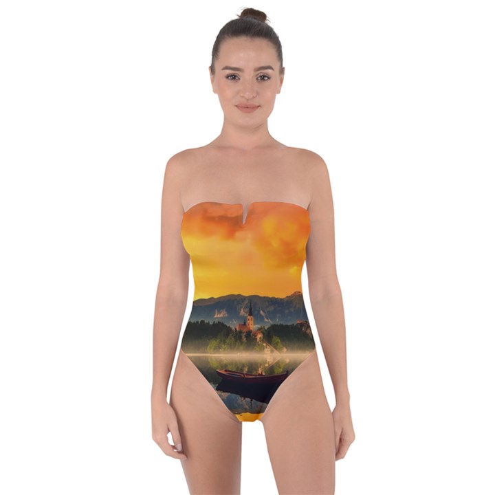 Bled Slovenia Sunrise Fog Mist Tie Back One Piece Swimsuit