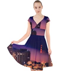 San Francisco Night Evening Lights Cap Sleeve Front Wrap Midi Dress