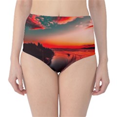 Sunset Dusk Boat Sea Ocean Water High-waist Bikini Bottoms by BangZart