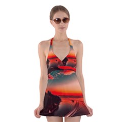 Sunset Dusk Boat Sea Ocean Water Halter Dress Swimsuit 