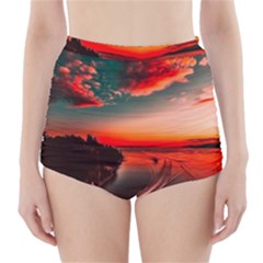 Sunset Dusk Boat Sea Ocean Water High-waisted Bikini Bottoms