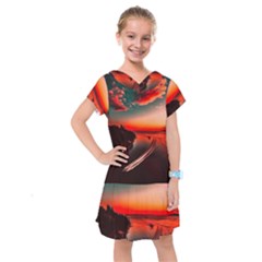 Sunset Dusk Boat Sea Ocean Water Kids  Drop Waist Dress