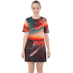 Sunset Dusk Boat Sea Ocean Water Sixties Short Sleeve Mini Dress