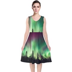 Aurora Borealis Northern Lights V-Neck Midi Sleeveless Dress 