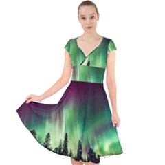 Aurora Borealis Northern Lights Cap Sleeve Front Wrap Midi Dress