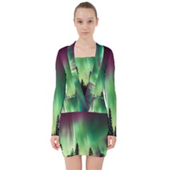 Aurora Borealis Northern Lights V-neck Bodycon Long Sleeve Dress