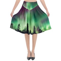 Aurora Borealis Northern Lights Flared Midi Skirt