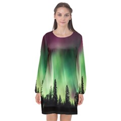 Aurora Borealis Northern Lights Long Sleeve Chiffon Shift Dress 