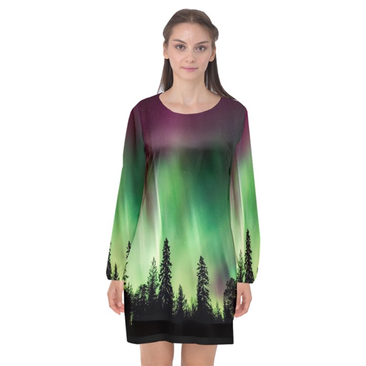Aurora Borealis Northern Lights Long Sleeve Chiffon Shift Dress 