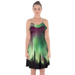 Aurora Borealis Northern Lights Ruffle Detail Chiffon Dress