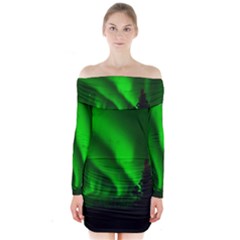 Aurora Borealis Northern Lights Long Sleeve Off Shoulder Dress