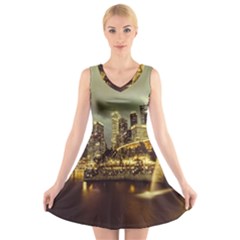 Singapore City Urban Skyline V-neck Sleeveless Skater Dress