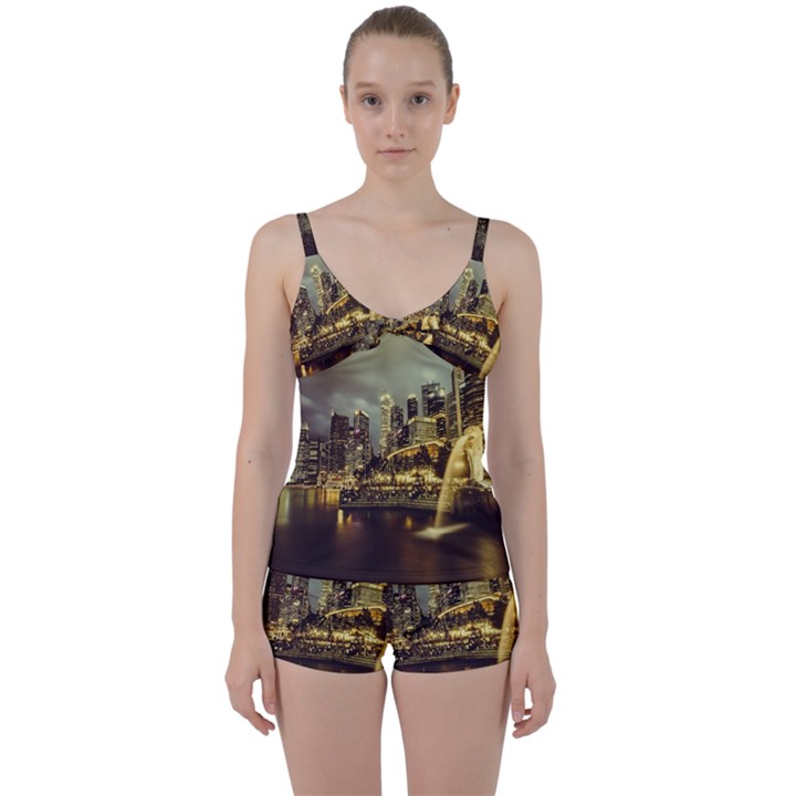 Singapore City Urban Skyline Tie Front Two Piece Tankini