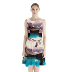 Austria Mountains Lake Water Sleeveless Waist Tie Chiffon Dress