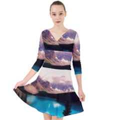 Austria Mountains Lake Water Quarter Sleeve Front Wrap Dress	