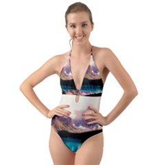 Austria Mountains Lake Water Halter Cut-out One Piece Swimsuit
