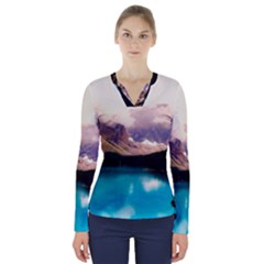 Austria Mountains Lake Water V-neck Long Sleeve Top