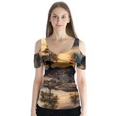 Sunset Dusk Sky Clouds Lightning Butterfly Sleeve Cutout Tee 