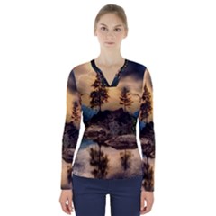 Sunset Dusk Sky Clouds Lightning V-neck Long Sleeve Top by BangZart