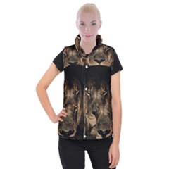 African Lion Mane Close Eyes Women s Button Up Puffer Vest