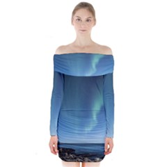 Aurora Borealis Lofoten Norway Long Sleeve Off Shoulder Dress