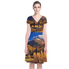 Colorado Fall Autumn Colorful Short Sleeve Front Wrap Dress