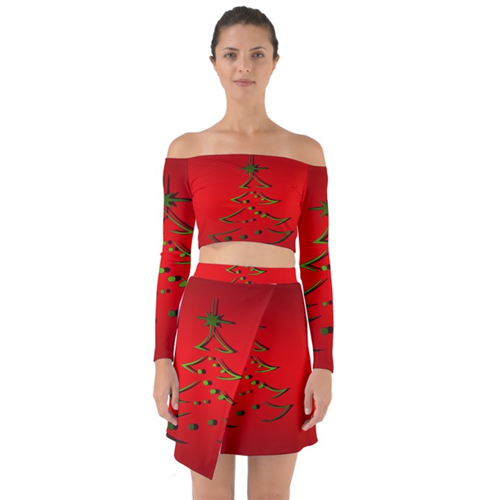 Christmas Off Shoulder Top with Skirt Set