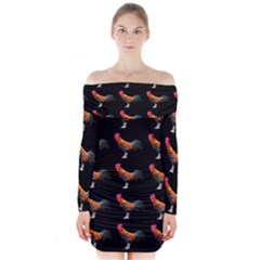 Background Pattern Chicken Fowl Long Sleeve Off Shoulder Dress