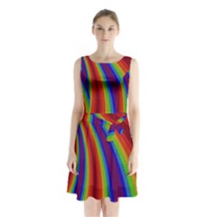 Abstract Pattern Lines Wave Sleeveless Waist Tie Chiffon Dress