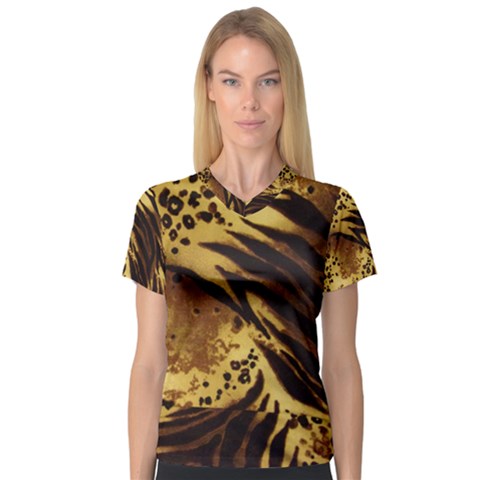 Pattern Tiger Stripes Print Animal V-neck Sport Mesh Tee by BangZart