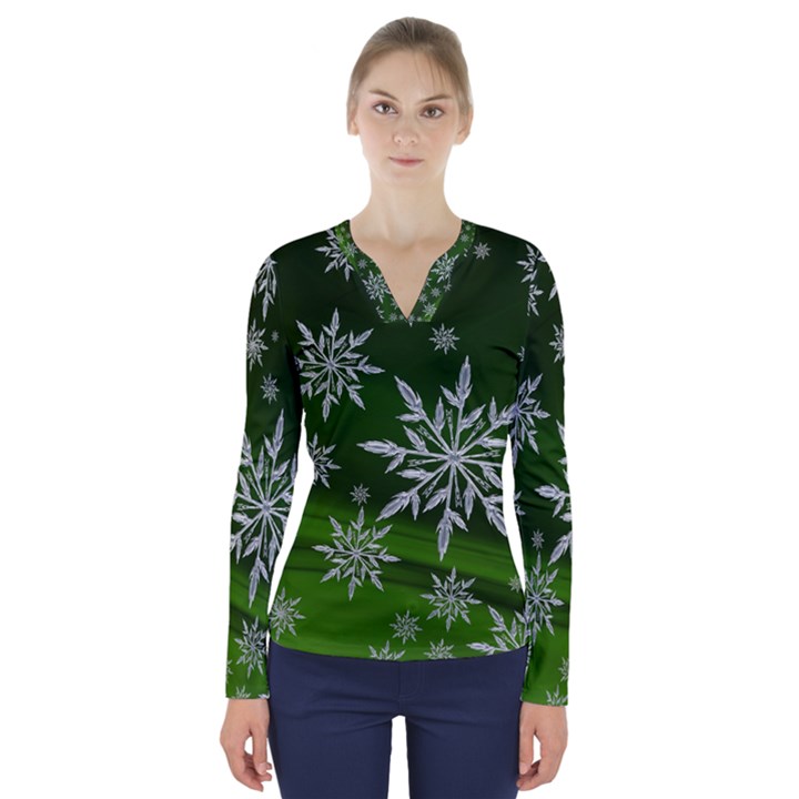 Christmas Star Ice Crystal Green Background V-Neck Long Sleeve Top