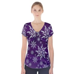 Christmas Star Ice Crystal Purple Background Short Sleeve Front Detail Top