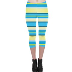 Stripes Yellow Aqua Blue White Capri Leggings 