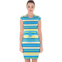 Stripes Yellow Aqua Blue White Capsleeve Drawstring Dress 