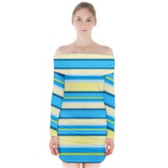 Stripes Yellow Aqua Blue White Long Sleeve Off Shoulder Dress