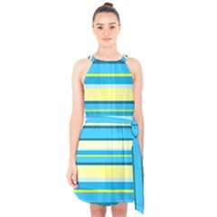 Stripes Yellow Aqua Blue White Halter Collar Waist Tie Chiffon Dress