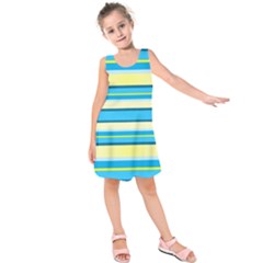 Stripes Yellow Aqua Blue White Kids  Sleeveless Dress