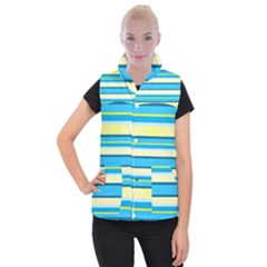 Stripes Yellow Aqua Blue White Women s Button Up Puffer Vest