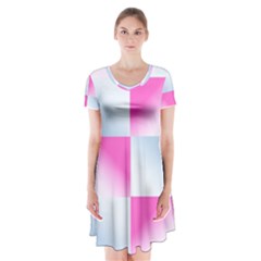 Gradient Blue Pink Geometric Short Sleeve V-neck Flare Dress